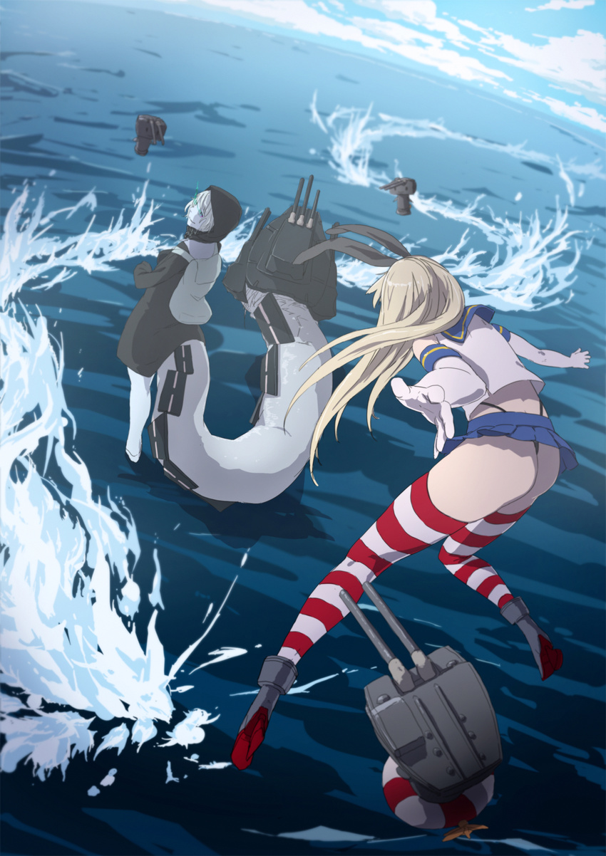 ass black_panties blonde_hair blue_skirt blue_sky cannon cloud day elbow_gloves facing_away from_behind full_body gloves glowing glowing_eyes grin hair_ribbon hairband highleg highleg_panties highres hood hoodie kantai_collection long_hair looking_at_another looking_back microskirt midriff multiple_girls ocean outdoors outstretched_arms pale_skin panties pleated_skirt re-class_battleship rensouhou-chan ribbon sailor_collar shimakaze_(kantai_collection) shinkaisei-kan silver_hair skirt sky smile splashing standing standing_on_liquid striped striped_legwear surrounded tail thighhighs thong turret underwear waves white_gloves youmak