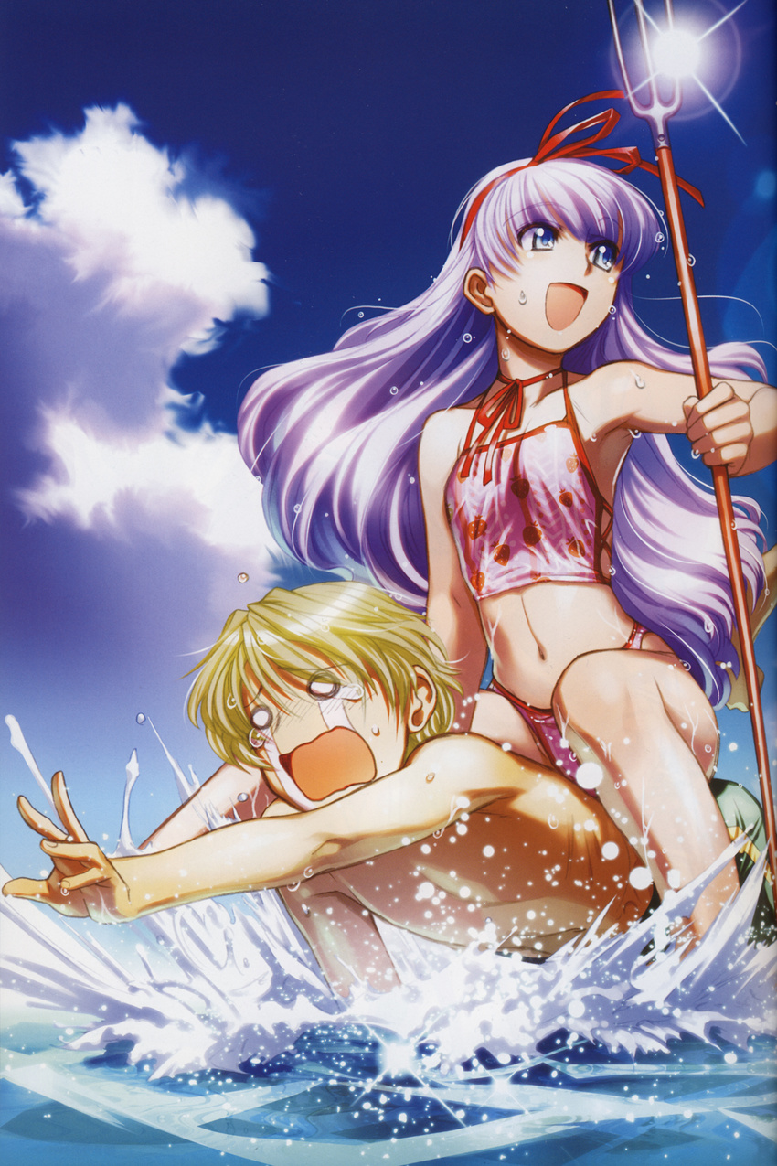 1boy 1girl agua-verde black_lagoon blonde_hair blue_eyes child garcia_lovelace gretel_(black_lagoon) hiroe_rei polearm purple_hair swimsuit tankini trident water weapon wet