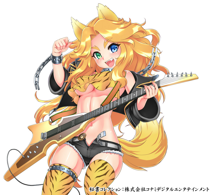 animal_ears animal_print bare_shoulders belt blonde_hair blue_eyes bracelet breasts chain collar crop_top crop_top_overhang cutoffs electric_guitar eyebrows fang gochou_(kedama) green_eyes guitar heterochromia highres hisho_collection instrument jacket jewelry long_hair looking_at_viewer medium_breasts midriff navel official_art open_clothes open_fly open_jacket open_mouth shiny shiny_skin short_shorts shorts skindentation smile solo spiked_bracelet spiked_collar spikes tail thigh_strap thighhighs tiger_print unclasped underboob unzipped whammy_bar wolf_ears wolf_tail