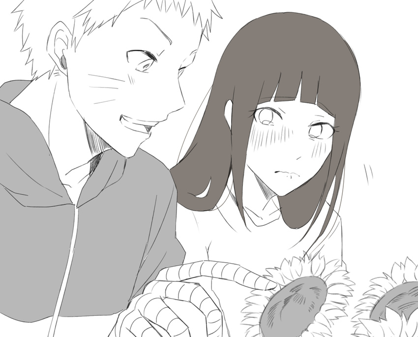 1girl bad_id bad_pixiv_id black_hair blush flower highres hyuuga_hinata long_hair monochrome narita_(nacyanon) naruto naruto_(series) short_hair smile sunflower tears uzumaki_naruto