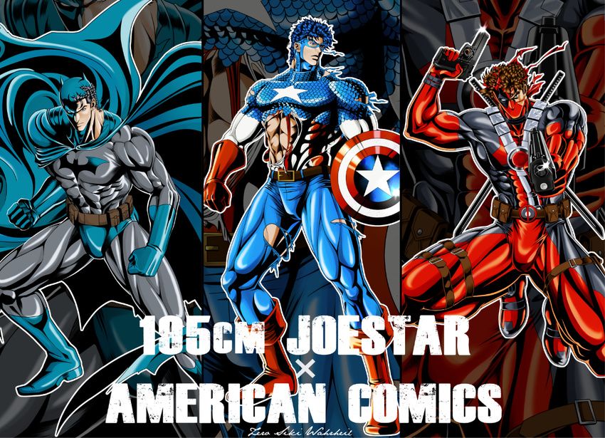 bad_id bad_pixiv_id batman batman_(cosplay) batman_(series) battle_tendency black_hair blue_hair brown_hair captain_america captain_america_(cosplay) cosplay costume dc_comics deadpool deadpool_(cosplay) gun high_contrast jojo_no_kimyou_na_bouken jonathan_joestar joseph_joestar_(young) kuujou_joutarou male_focus marvel mask messy_hair multiple_boys parody phantom_blood shield spandex spiked_hair stardust_crusaders superhero torn_clothes trait_connection wahrheit weapon zoom_layer