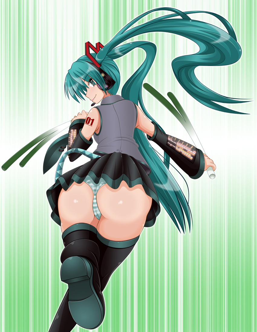 aqua_eyes aqua_hair ass bare_shoulders boots detached_sleeves dual_wielding female from_behind hatsune_miku headset leek lipstick long_hair looking_back makeup panties shiny shiny_skin skirt smile solo spring_onion striped striped_panties tattoo thighhighs tk_(butakuma) twintails underwear very_long_hair vocaloid