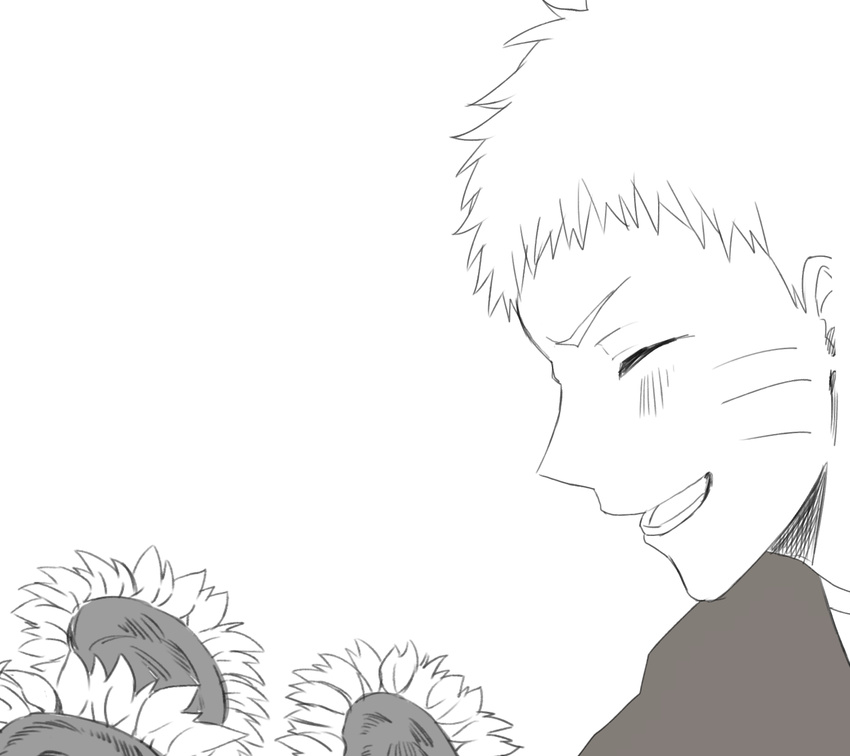 bad_id bad_pixiv_id closed_eyes flower highres male_focus monochrome narita_(nacyanon) naruto naruto_(series) smile solo sunflower uzumaki_naruto