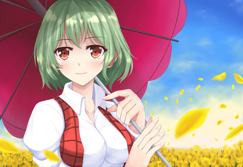 absurdres ascot bad_id bad_pixiv_id breasts covered_nipples day flower green_hair highres kazami_yuuka medium_breasts petals plaid plaid_skirt plaid_vest red_eyes short_hair skirt sky smile solo touhou umbrella vest wendell