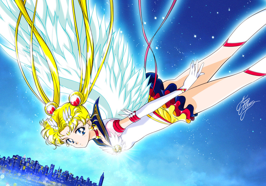 angel_wings anime_coloring artist_name bangs bishoujo_senshi_sailor_moon blonde_hair blue_eyes blue_sailor_collar boots choker cityscape crescent_moon derivative_work double_bun earrings elbow_gloves eternal_sailor_moon facial_mark falling forehead_mark gloves hair_ornament hairclip jewelry knee_boots layered_skirt long_hair looking_at_viewer magical_girl marco_albiero moon official_style parted_bangs red_choker ribbon sailor_collar sailor_moon sailor_senshi_uniform signature sky solo tsukino_usagi twintails white_footwear white_gloves wings