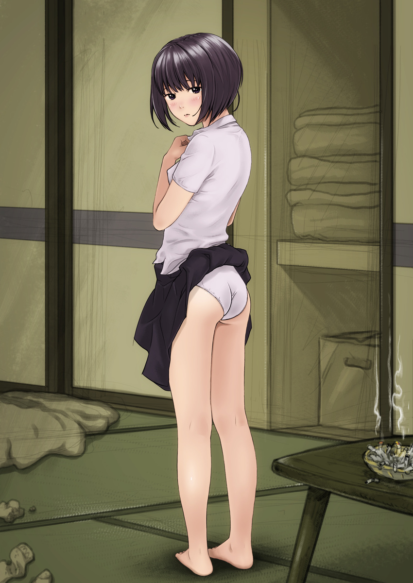 ass barefoot black_eyes black_hair blush cigarette highres indoors kobayashi_yuuji looking_at_viewer looking_back miniskirt original panties pleated_skirt polo_shirt short_hair skirt skirt_lift solo standing table underwear white_panties