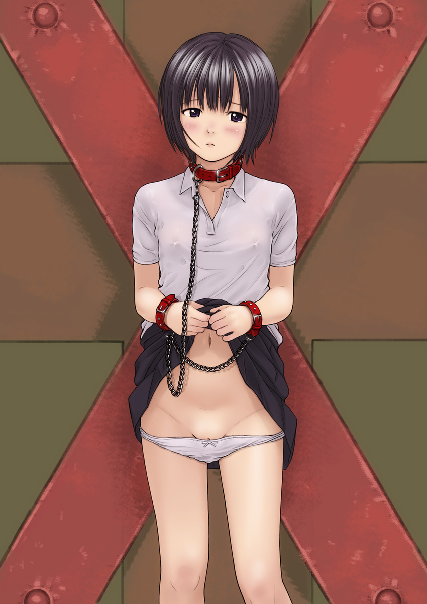 bdsm black_eyes black_hair blush bondage bound bow bow_panties chain collar covered_nipples cross_of_saint_andrew cuffs cuffs-to-collar flat_chest highres indoors kobayashi_yuuji looking_at_viewer miniskirt original panties pleated_skirt polo_shirt pussy_peek see-through shirt short_hair skirt skirt_lift solo standing underwear white_panties white_shirt wrist_cuffs