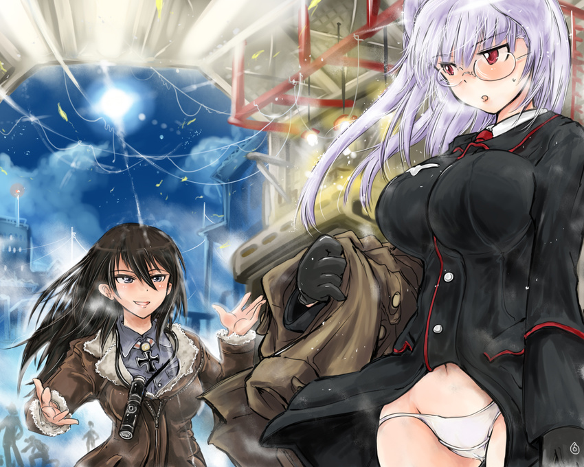 adolfine_galland black_gloves black_hair blue_sky blush bomber_jacket breasts building cloud fur_trim glasses gloves green_eyes groin head_wings heidimarie_w_schnaufer holding iron_cross jacket large_breasts lavender_hair long_hair long_sleeves looking_at_another military military_uniform mishiro_shinza multiple_girls navel necktie open_mouth panties red_eyes sky smile spyglass strike_witches sun sweatdrop underwear uniform white_panties world_witches_series zipper