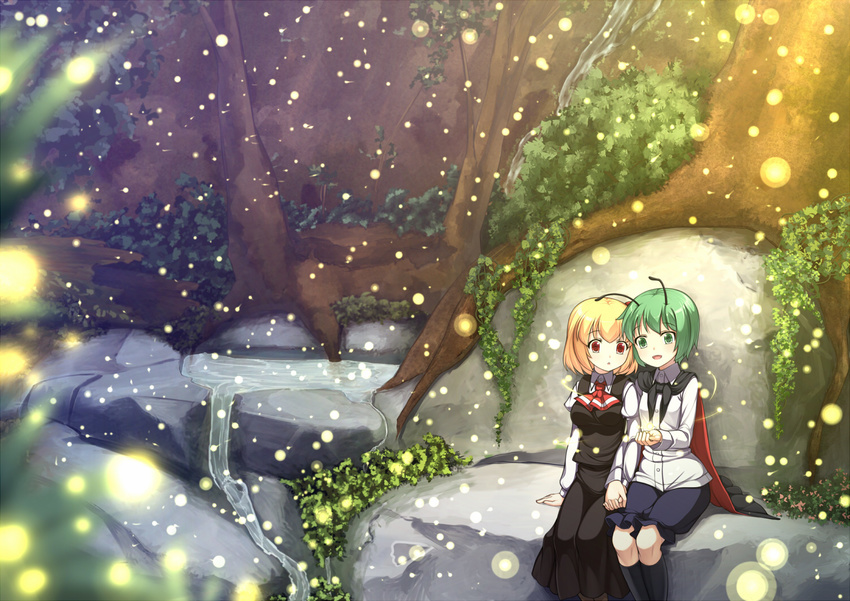 :d antennae blonde_hair blurry cape depth_of_field forest green_eyes holding_hands light_particles multiple_girls nakamura_kusata nature open_mouth red_eyes rumia shirt short_hair shorts sitting sitting_on_rock skirt smile touhou vest water wriggle_nightbug