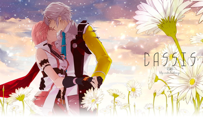 couple final_fantasy final_fantasy_xiii final_fantasy_xiii-2 flower hand_holding hope_estheim lightning_farron pink_hair rioko silver_hair