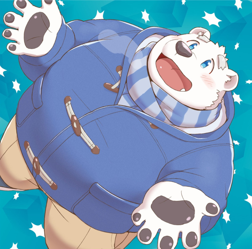 12beat13 2018 anthro blue_eyes clothing fur humanoid_hands male mammal overweight overweight_male pants polar_bear scarf shirane_kan simple_background solo sweater ursine utau white_fur