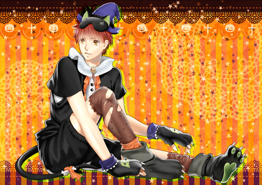 animal_ears animal_hat brown_eyes cat_ears emiya_shirou fate/stay_night fate_(series) fishnets gloves halloween hat kogarasumaru male_focus paw_gloves paw_shoes paws red_hair shoes shorts solo thighhighs torn_clothes torn_legwear