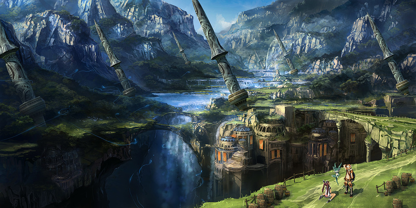 1girl bad_id bad_pixiv_id barrel canyon city creature dome landscape light_trail mountain nouzui on_ground original outdoors river ruins scenery sitting spire standing wariza water waterfall wide_shot