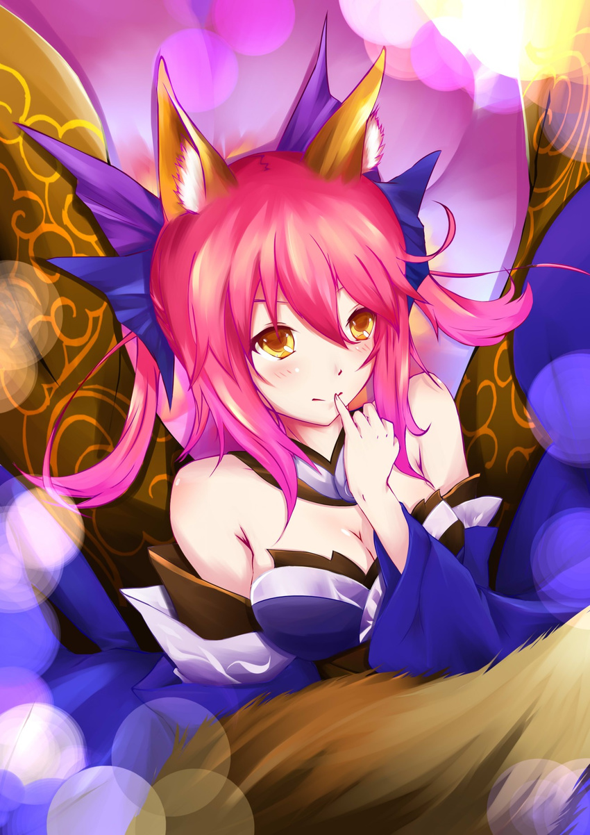 1girl animal_ears bare_shoulders blush breasts caster_(fate/extra) cleavage detached_sleeves fate/extra fate_(series) finger_to_mouth fox_ears fox_tail hair_ornament hair_ribbon highres japanese_clothes kimono long_hair looking_at_viewer pink_hair ribbon solo tail twintails yellow_eyes