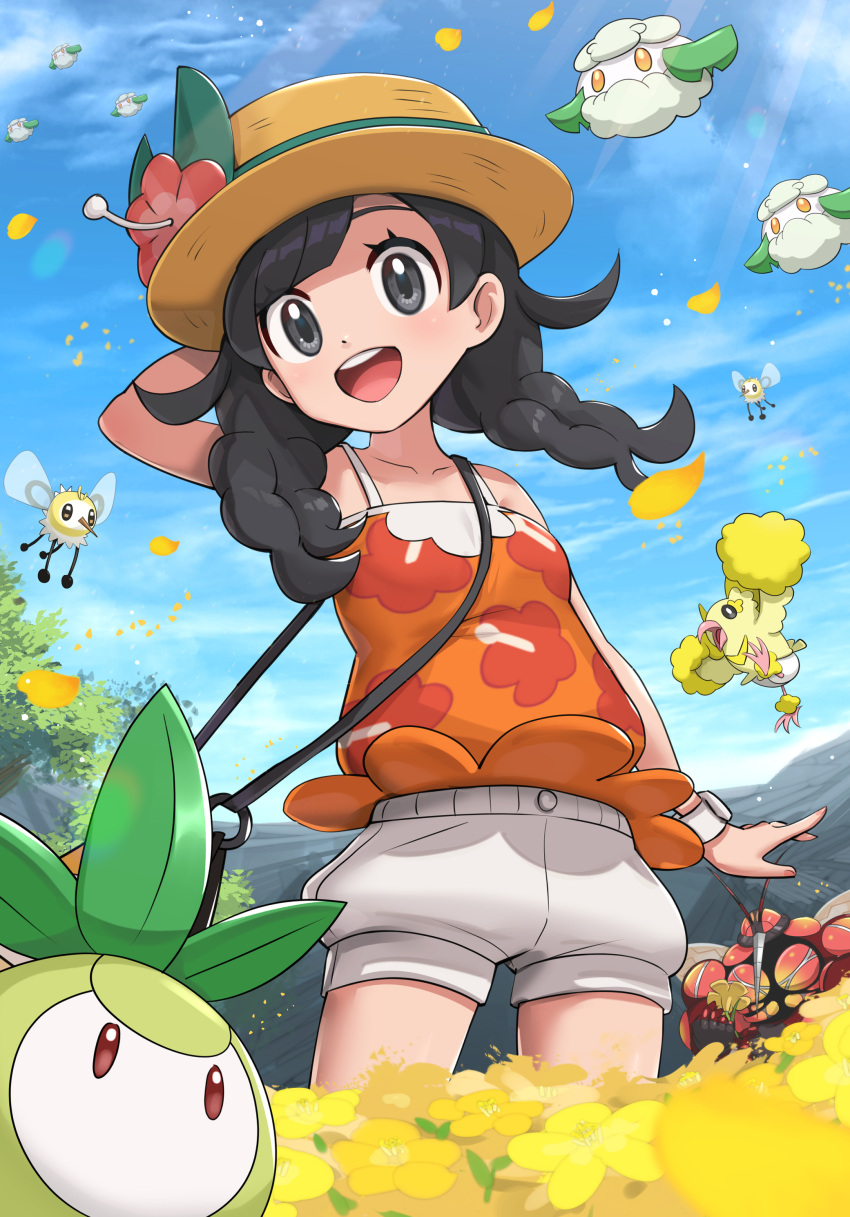 1girl :d absurdres bangs bare_shoulders black_hair blue_sky breasts bug buzzwole collarbone cutiefly day field flower flower_field gonzarez happy hat highres light_rays mosquito muscular open_mouth oricorio oricorio_(pom-pom) outdoors petals petilil pokemon pokemon_(creature) pokemon_(game) pokemon_usum red_flower selene_(pokemon) shirt short_hair shorts sky sleeveless sleeveless_shirt small_breasts smile standing sun_hat sunflower sunlight swept_bangs teeth ultra_beast upper_teeth white_shorts wind