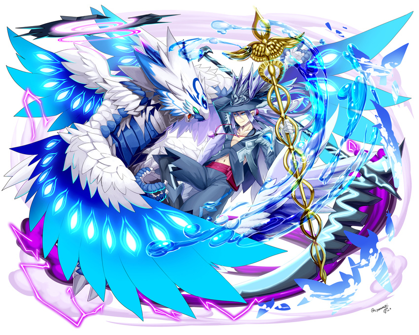 beyzul blue_eyes blue_hair dragon feathered_wings hat hermes_(p&amp;d) jewelry long_hair male_focus midriff navel necklace ponytail puzzle_&amp;_dragons smile staff water wings yamanashi_taiki