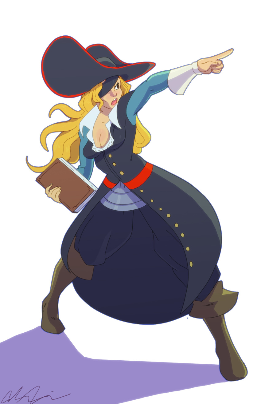 blonde_hair book boots breasts brown_eyes calvin_sims cleavage eyepatch full_body hat highres knee_boots long_coat long_hair marvel_vs._capcom marvel_vs._capcom_2 medium_breasts pants pirate pirate_hat pointing pointing_forward ruby_heart solo standing tailcoat white_background wrist_cuffs
