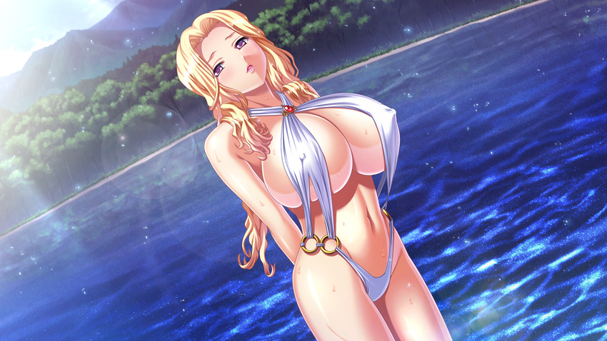 :o arms_behind_back bikini blonde_hair blush breasts brooch cleavage cloud covered_nipples cowboy_shot criss-cross_halter day dutch_angle game_cg gem halter_top halterneck huge_breasts jewelry kyonyuu_fantasy kyonyuu_fantasy_2 kyonyuu_fantasy_2_if lens_flare light_rays lipstick long_hair looking_at_viewer makeup mountain nadine_(kyonyuu_fantasy) navel o-ring o-ring_bikini o-ring_bottom open_mouth outdoors purple_eyes q-gaku sideboob sky slingshot_swimsuit solo standing sunbeam sunlight swimsuit tree very_long_hair water wavy_hair wet white_bikini white_swimsuit