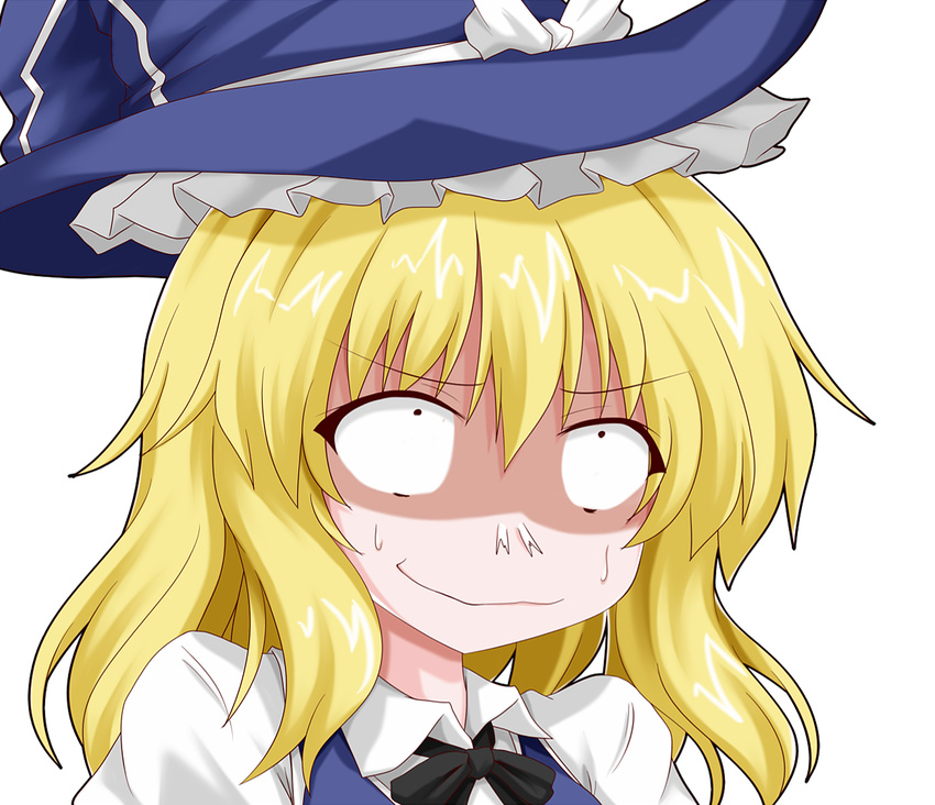 blonde_hair forced_smile guilty_gear guilty_gear_xrd hat kirisame_marisa oden_(th-inaba) parody ribbon shirt short_hair simple_background slayer_(guilty_gear) solo style_parody sweatdrop touhou upper_body vest white_background witch_hat