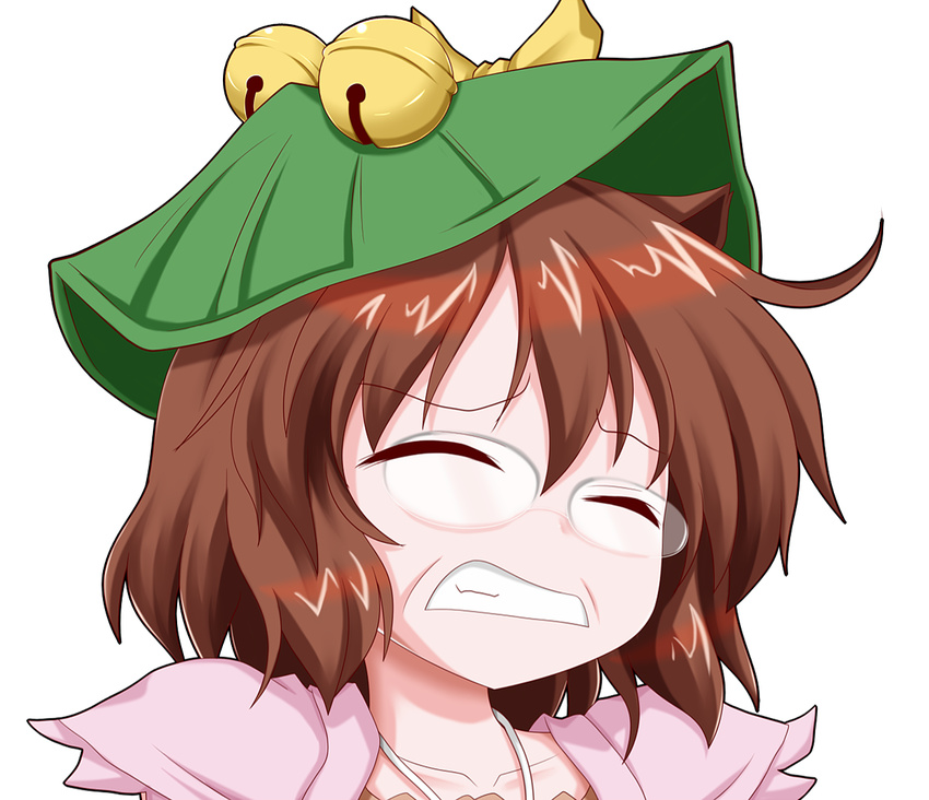 animal_ears bedman bell brown_hair closed_eyes collarbone futatsuiwa_mamizou glasses guilty_gear guilty_gear_xrd hat leaf oden_(th-inaba) open_mouth parody pince-nez raccoon_ears simple_background solo style_parody touhou upper_body white_background