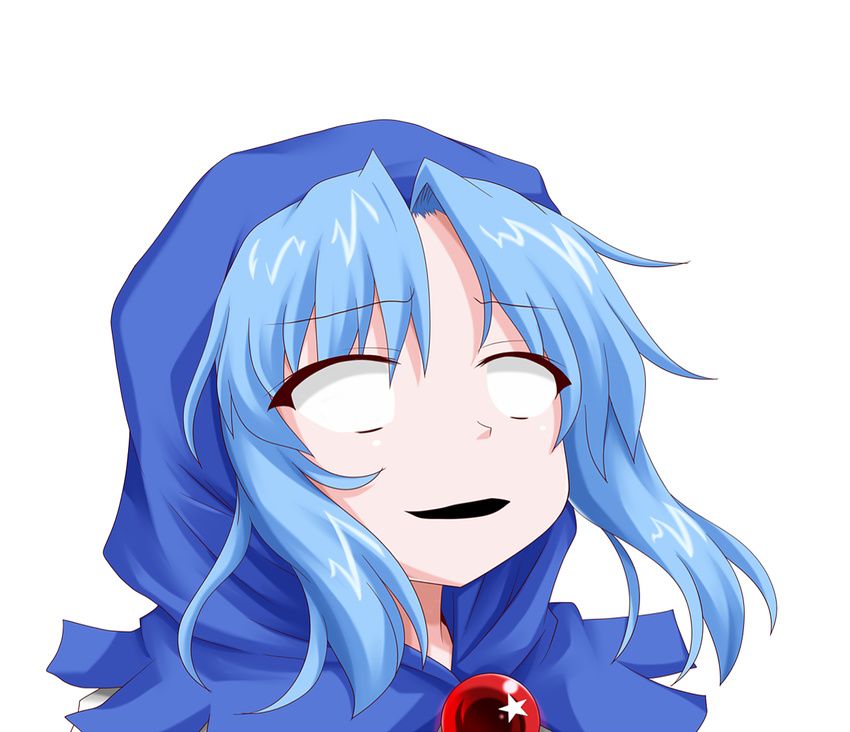 axl_low blank_eyes blue_hair capelet guilty_gear guilty_gear_xrd hood jewelry kanchou kumoi_ichirin oden_(th-inaba) open_mouth parody pendant reaction shocked_eyes simple_background solo style_parody touhou upper_body white_background