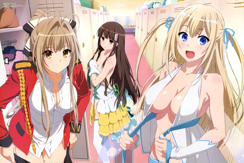 :d absurdres aiguillette amagi_brilliant_park antenna_hair bare_shoulders black_hair blonde_hair blue_eyes blush bow breasts brown_eyes brown_hair cleavage collarbone dress flower hair_bow hair_flower hair_intakes hair_ornament hair_ribbon hair_tubes highres koborii_(amaburi) large_breasts locker locker_room long_hair long_sleeves looking_at_viewer megami multiple_girls off_shoulder official_art open_clothes open_mouth open_shirt ponytail ribbon scan sento_isuzu shiny shiny_hair shirt skirt smile sylphy_(amaburi) takemoto_yasuhiro thighhighs twintails two_side_up undressing uniform untied white_legwear wrist_cuffs