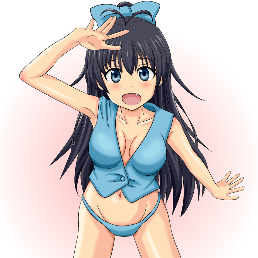 armpits bikini black_hair blue_eyes breasts cleavage fang ganaha_hibiki highres idolmaster idolmaster_(classic) long_hair ponytail swimsuit takumi_(rozen_garten) vest