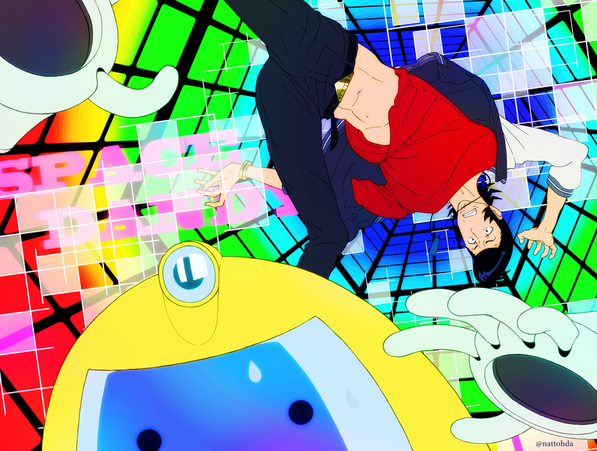 absurdres bad_id bad_pixiv_id banned_artist colorful dandy_(space_dandy) foreshortening highres male_focus ozaki_(nattohda) pompadour qt_(space_dandy) robot space_dandy