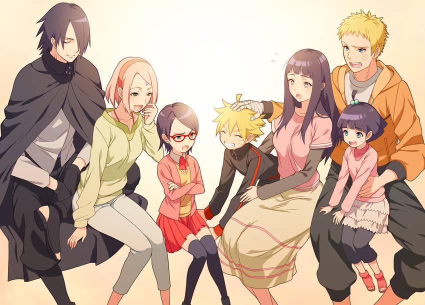 4girls black_eyes black_hair blonde_hair blue_eyes capri_pants closed_eyes crossed_arms facial_mark family father_and_daughter father_and_son forehead_mark glasses green_eyes grin haruno_sakura highres husband_and_wife hyuuga_hinata lavender_eyes long_hair mother_and_daughter mother_and_son multiple_boys multiple_girls naruto naruto_(series) pants pink_hair red-framed_eyewear short_hair sitting skirt smile thighhighs tubumi uchiha_sarada uchiha_sasuke uzumaki_boruto uzumaki_himawari uzumaki_naruto