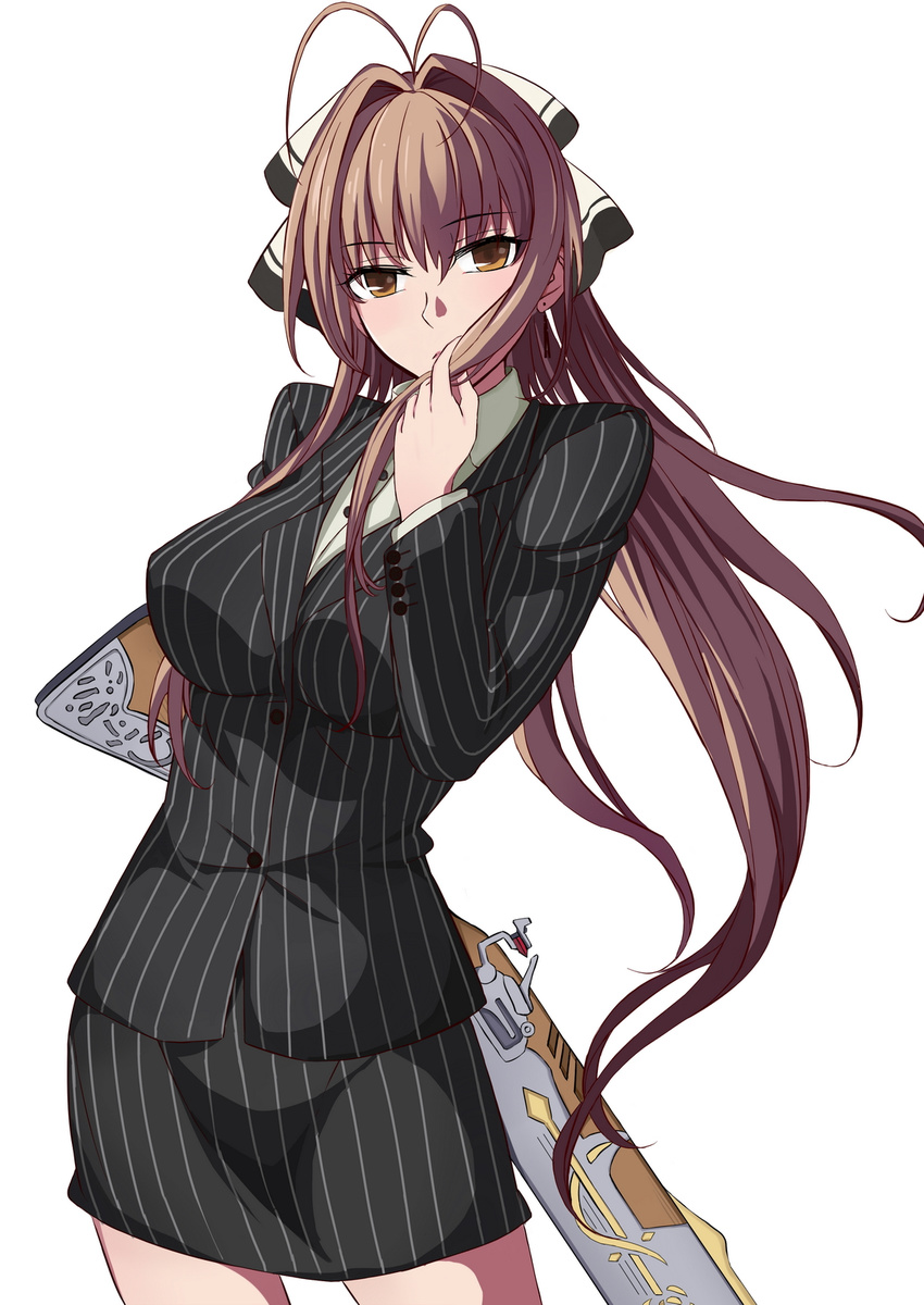 amagi_brilliant_park antenna_hair arm_behind_back breasts brown_eyes brown_hair cowboy_shot formal gun hair_intakes highres holding holding_hair illusionk jacket large_breasts long_hair looking_at_viewer no_legwear pencil_skirt pinstripe_pattern pinstripe_suit ponytail rifle sento_isuzu simple_background skirt skirt_suit solo striped suit very_long_hair weapon white_background