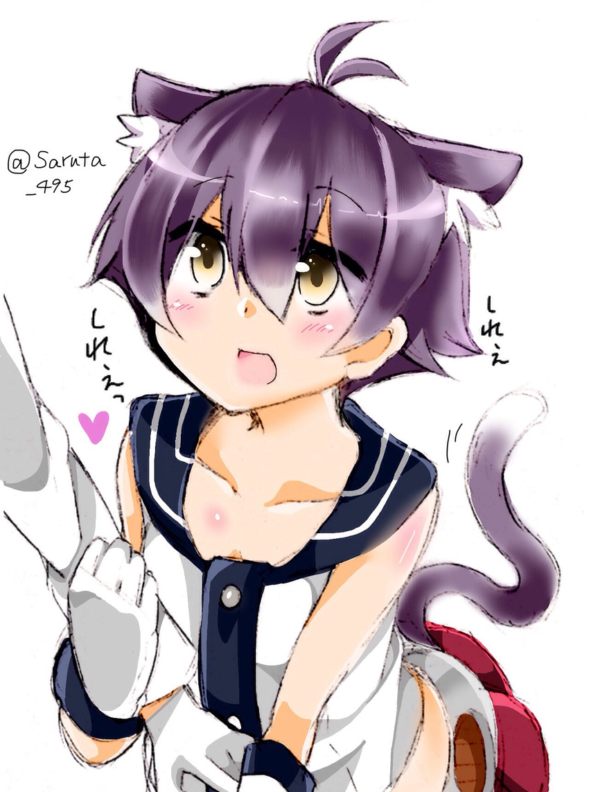 admiral_(kantai_collection) animal_ears arm_holding blush cat_ears cat_tail gloves heart highres kantai_collection kemonomimi_mode kuuya_(ayahata43) open_mouth purple_hair sailor_collar sakawa_(kantai_collection) school_uniform serafuku tail twitter_username white_background yellow_eyes