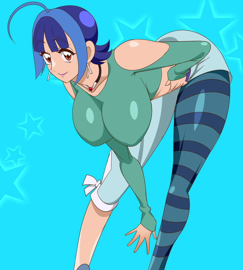 asymmetrical_clothes blue_hair breasts earrings ginnyo highres huge_breasts jewelry mashiro_mizuki multicolored_hair pantyhose short_hair solo tribe_cool_crew