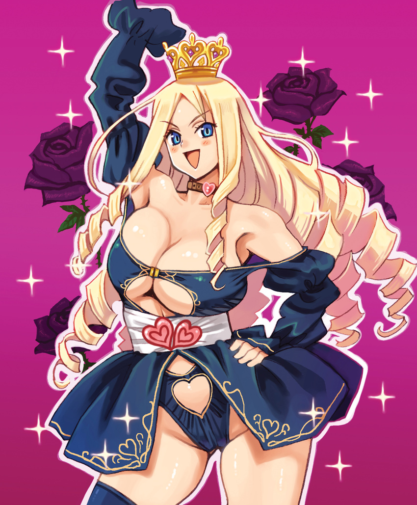 1girl blonde_hair blue_eyes breasts choker cleavage crown drill_hair female flower heart highres large_breasts long_hair nomura_ryouji rose silver_rain skirt solo thighhighs