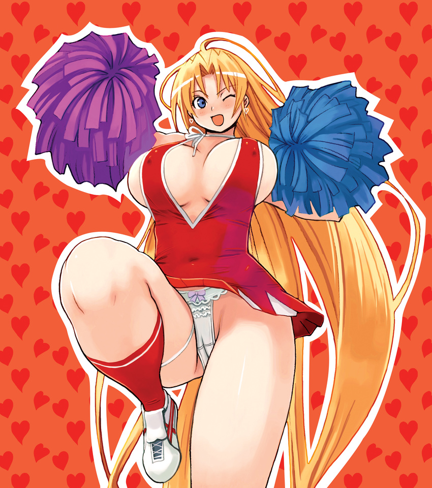 1girl blonde_hair blue_eyes blush breasts cameltoe cheerleader female highres large_breasts long_hair nomura_ryouji panties shoes silver_rain skirt sneakers solo underwear very_long_hair wink