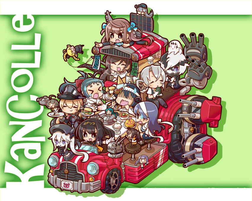 &gt;_&lt; 6+girls :d aircraft_carrier_water_oni akizuki_(kantai_collection) asagumo_(kantai_collection) black_hair blonde_hair blue_hair brown_hair car chaki_(teasets) chibi chou-10cm-hou-chan closed_eyes destroyer_hime fairy_(kantai_collection) food fumo25_radar green_hair grey_hair ground_vehicle headband highres irako_(kantai_collection) kantai_collection long_hair mamiya_(kantai_collection) motor_vehicle multiple_girls ne-class_heavy_cruiser nowaki_(kantai_collection) open_mouth ponytail prinz_eugen_(kantai_collection) shinkaisei-kan short_hair side_ponytail skc34_20.3cm_twin_gun_mount smile sweatdrop tears turret twintails type_91_anti-aircraft_fire_detector type_94_anti-aircraft_fire_detector ushio_(kantai_collection) wacky_races white_hair yamashiro_(kantai_collection)