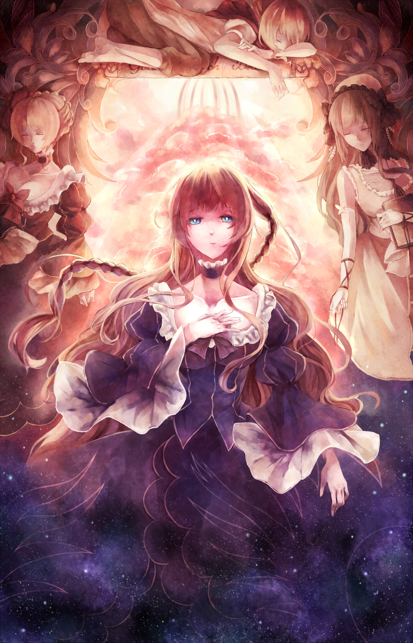 beatrice beatrice_castiglioni blonde_hair blue_eyes bonnet book braid choker clair_vaux_bernardus closed_eyes dress dual_persona hair_bun hair_down highres multiple_girls star_(sky) starhoshi umineko_no_naku_koro_ni wide_sleeves