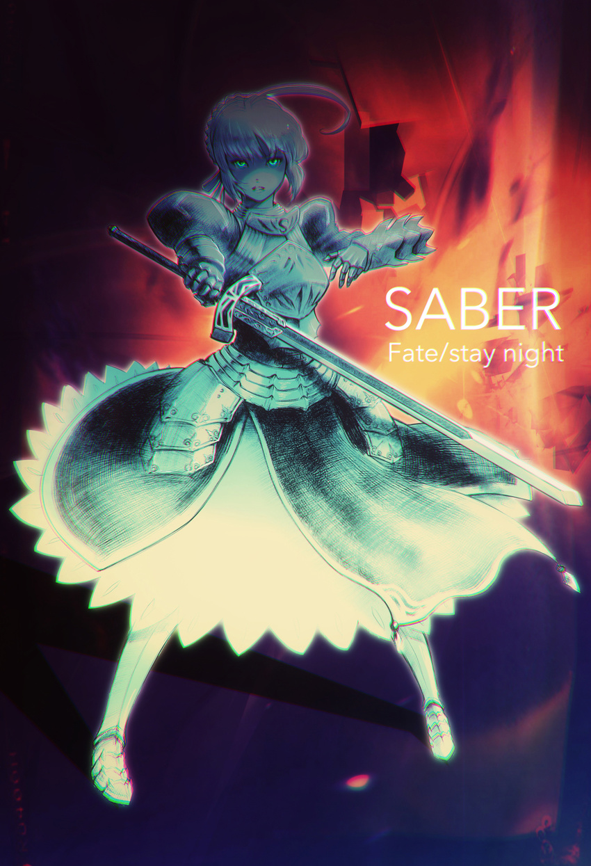 ahoge armor armored_dress artoria_pendragon_(all) chromatic_aberration dress excalibur fate/stay_night fate_(series) glowing glowing_eyes green_eyes highres saber short_hair solo sword takuzou weapon