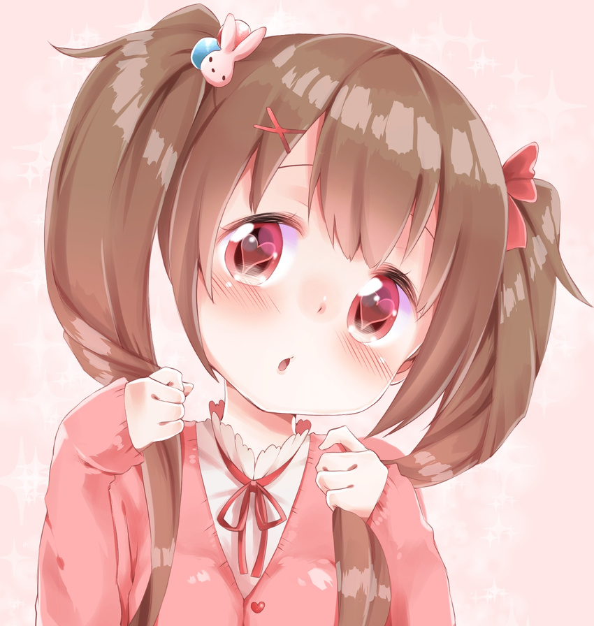 bad_id bad_pixiv_id bangs blush bow brown_hair bunny_hair_ornament buttons cardigan close-up face hair_bow hair_ornament heart heart-shaped_pupils highres holding holding_hair long_hair long_sleeves looking_at_viewer original pink_background red_eyes ribbon rima_(rimarip) solo star starry_background symbol-shaped_pupils twintails upper_body