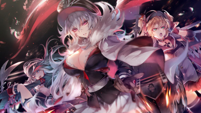 admiral_hipper_(azur_lane) azur_lane black_hair blonde_hair blue_eyes breasts choker cleavage deutschland_(azur_lane) eyebrows_visible_through_hair fur_trim graf_zeppelin_(azur_lane) green_eyes hair_between_eyes hat headgear highres iron_cross kanaria_(fuusenkazura) large_breasts long_hair multicolored_hair multiple_girls open_mouth red_eyes red_hair silver_hair streaked_hair uniform very_long_hair