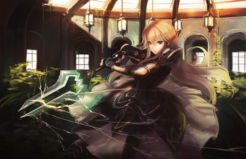 armor armored_dress blonde_hair blue_eyes commentary highres long_hair original polearm saimon_ma solo weapon