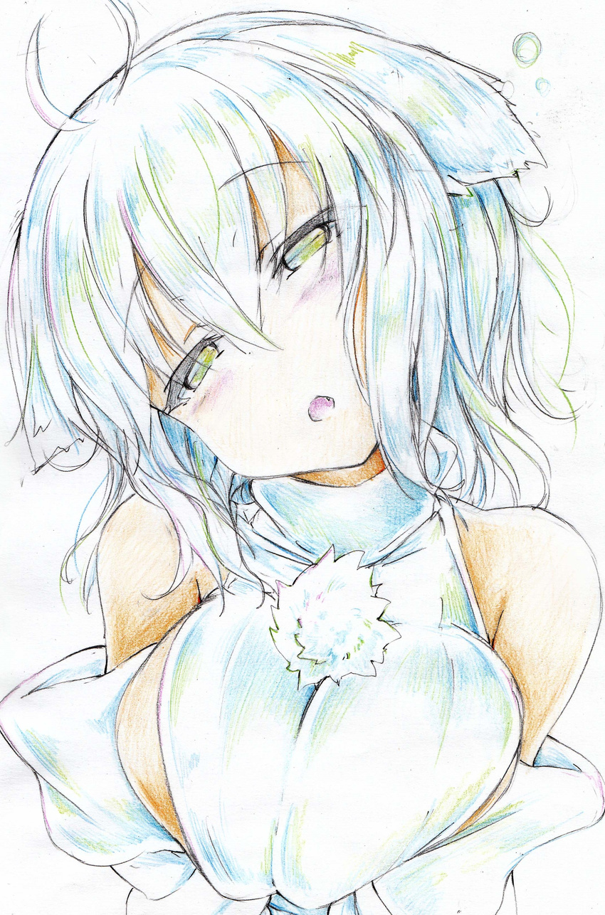 absurdres animal_ears bare_shoulders breast_squeeze breasts color_trace colored_pencil_(medium) detached_sleeves fang green_eyes highres inubashiri_momiji kitazinger large_breasts no_hat no_headwear open_mouth shirt sideboob silver_hair solo touhou traditional_media upper_body wolf_ears
