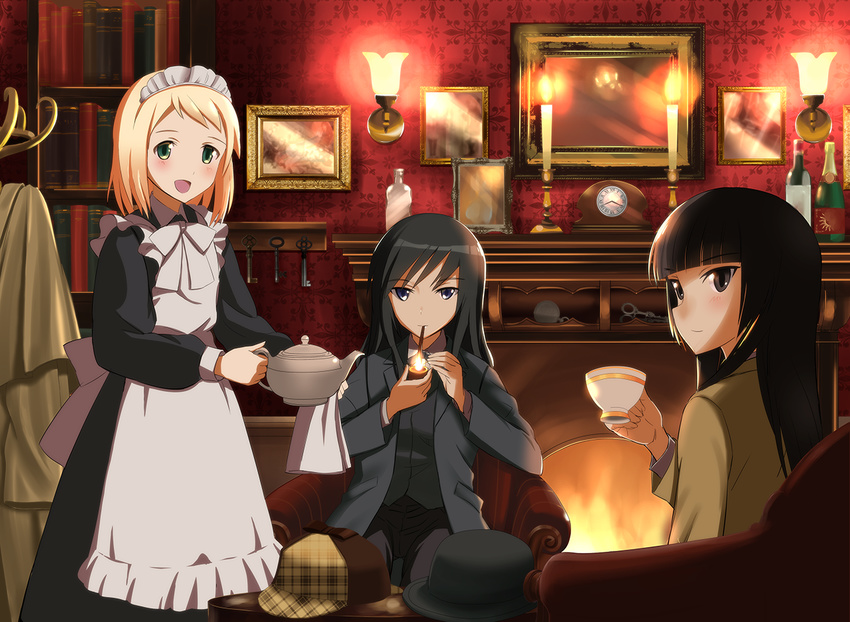 :d alternate_costume anabuki_tomoko apron bangs black_dress black_eyes black_hair blonde_hair blue_eyes blunt_bangs blush book bookshelf bottle bow candle chair clock coat_rack cosplay cup dress elizabeth_f_beurling elma_leivonen enmaided fire fireplace frills green_eyes hat holding indoors jacket john_hamish_watson john_hamish_watson_(cosplay) kaneko_(novram58) key light lighting_pipe long_hair long_sleeves maid maid_apron maid_headdress martha_louise_hudson martha_louise_hudson_(cosplay) multiple_girls open_mouth pants photo_(object) pipe pipe_in_mouth sherlock_holmes sherlock_holmes_(cosplay) short_hair sitting smile teacup teapot the_adventures_of_sherlock_holmes white_bow wine_bottle world_witches_series