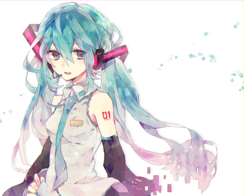 amane_jiu aqua_eyes aqua_hair detached_sleeves digital_dissolve hatsune_miku headset heart heart-shaped_pupils highres long_hair necktie open_mouth solo symbol-shaped_pupils tattoo twintails very_long_hair vocaloid white_background