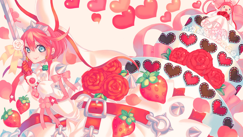 1girl arc_system_works cake clover dress elphelt_valentine food green_eyes guilty_gear guilty_gear_xrd hat heart red_hair strawberries strawberry sword weapon wedding_dress