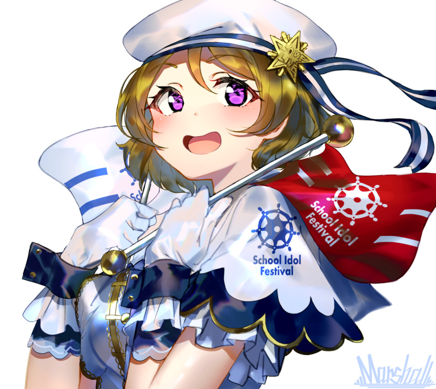 1girl :d artist_name bangs blonde_hair blush capelet commentary_request eyebrows_visible_through_hair flag frilled_gloves frills gloves hands_up hat holding holding_flag koizumi_hanayo looking_at_viewer love_live! love_live!_school_idol_project marshall_(wahooo) open_mouth purple_eyes shirt sidelocks simple_background smile solo star upper_body white_background white_capelet white_gloves white_hat white_shirt wrist_cuffs