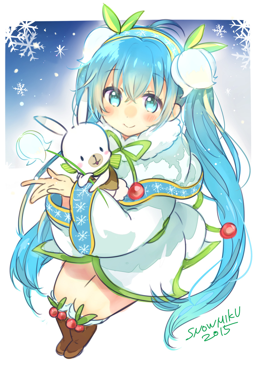 2015 absurdres aqua_eyes aqua_hair blush bunny character_name flower hatsune_miku highres kakizato long_hair looking_at_viewer sitting smile snowdrop_(flower) snowflakes twintails very_long_hair vocaloid yuki_miku yukine_(vocaloid)