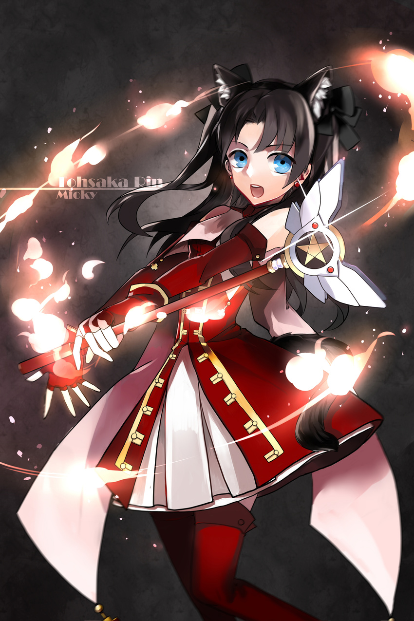 absurdres animal_ears black_hair blue_eyes cat_ears cat_tail elbow_gloves fate/stay_night fate_(series) fire gloves highres kaleido_ruby kaleidostick long_hair magical_girl mioky solo tail thighhighs toosaka_rin two_side_up