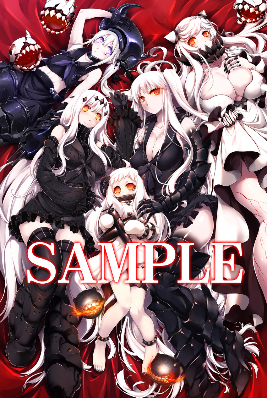 a7m_reppuu absurdres aircraft_carrier_oni aircraft_carrier_water_oni armor armored_boots barefoot boots breasts claws cleavage destroyer_hime dress gauntlets gloves greaves highres huge_breasts kantai_collection large_breasts long_hair midway_hime mittens multiple_girls northern_ocean_hime one_side_up oni_horns ouma_tokiichi pale_skin purple_eyes red_eyes sailor_dress sample shinkaisei-kan short_dress size_difference smile thigh_boots thighhighs veins white_hair white_skin zettai_ryouiki