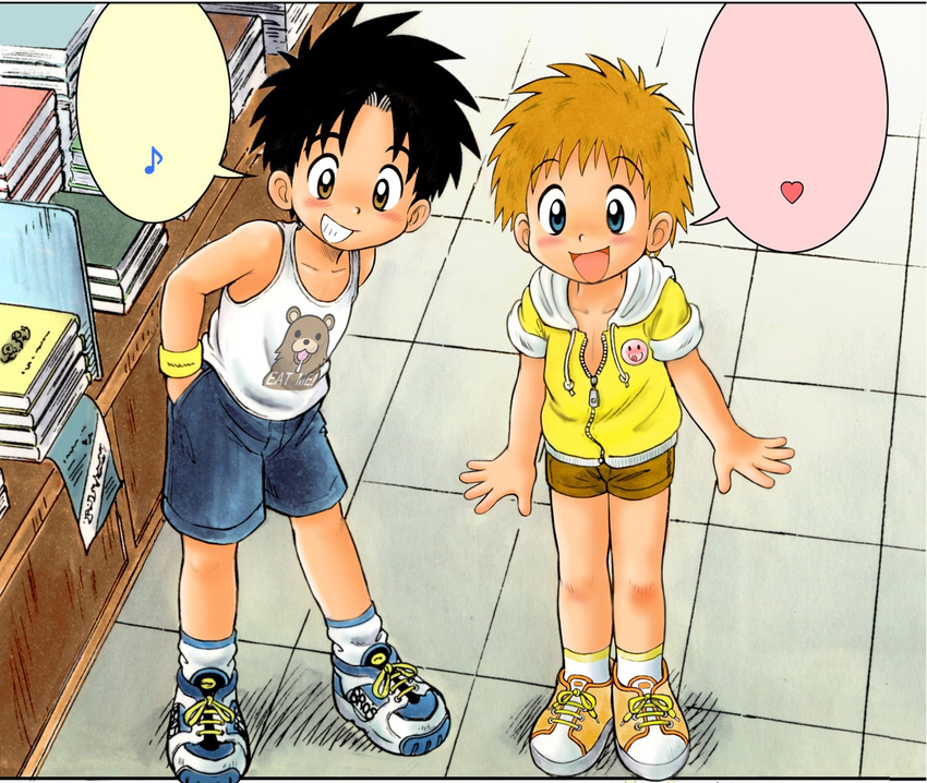 2boys blush book child male male_focus mitsui_jun multiple_boys shirt shorts sneakers standing t-shirt t-shirts tongue