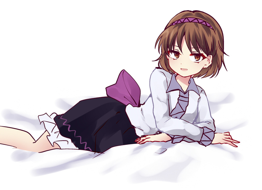 brown_eyes brown_hair hairband long_sleeves looking_at_viewer lying on_side open_mouth sash shirt skirt smile solo touhou tsukumo_yatsuhashi uranaishi_(miraura)